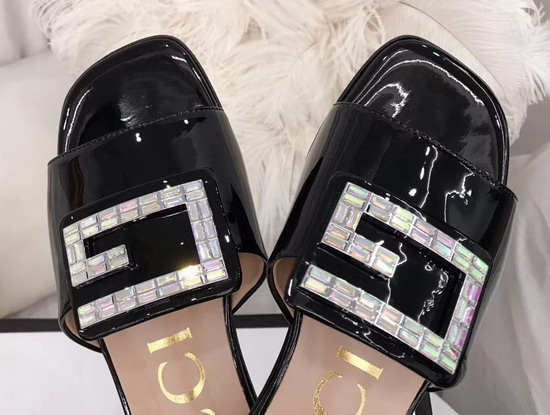 Gucci Patent Leather Slide with Crystal G Black