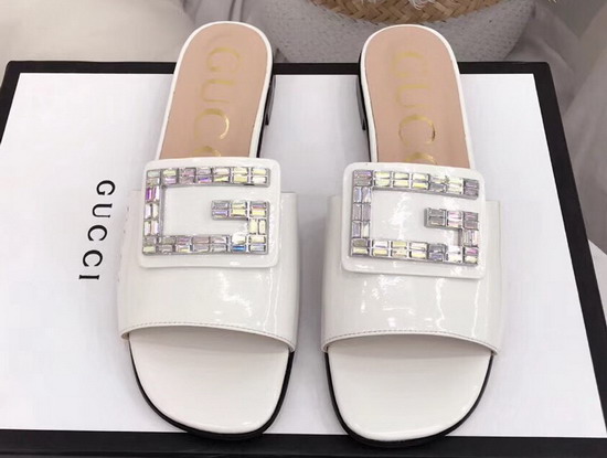 Gucci Patent Leather Slide with Crystal G White