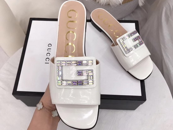 Gucci Patent Leather Slide with Crystal G White