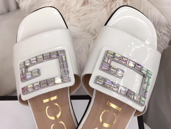 Gucci Patent Leather Slide with Crystal G White