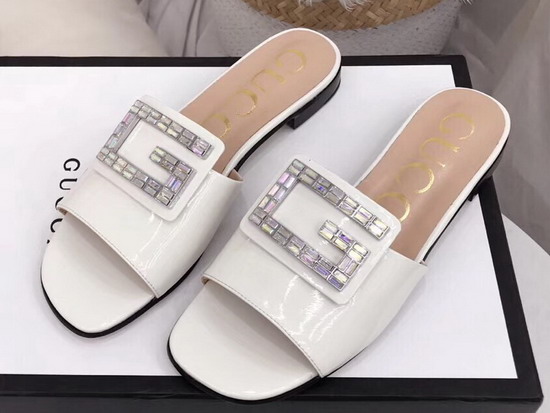 Gucci Patent Leather Slide with Crystal G White