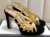 Gucci Platform Sandal in Black Velvet and Metallic Gold Leather