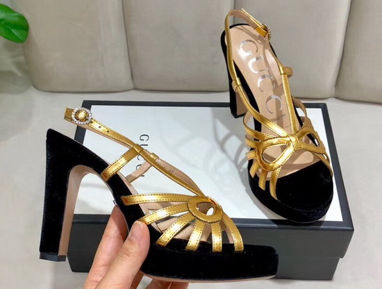 Gucci Platform Sandal in Black Velvet and Metallic Gold Leather