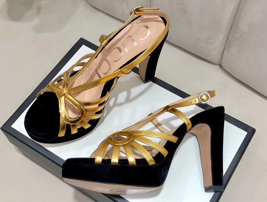 Gucci Platform Sandal in Black Velvet and Metallic Gold Leather