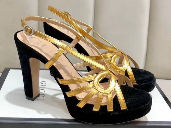 Gucci Platform Sandal in Black Velvet and Metallic Gold Leather