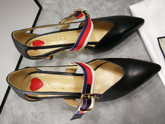 Gucci Point Toe Low Heel Pump with the Sylvie Web Strap and Gold Toned Square Buckle Black Leather 460114