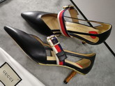 Gucci Point Toe Low Heel Pump with the Sylvie Web Strap and Gold Toned Square Buckle Black Leather 460114