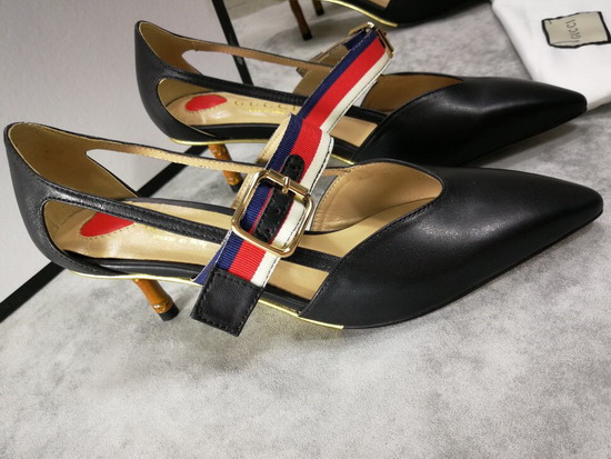 Gucci Point Toe Low Heel Pump with the Sylvie Web Strap and Gold Toned Square Buckle Black Leather 460114