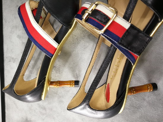 Gucci Point Toe Low Heel Pump with the Sylvie Web Strap and Gold Toned Square Buckle Black Leather 460114