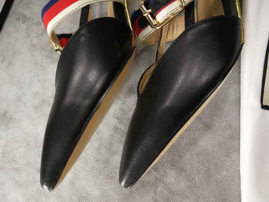 Gucci Point Toe Low Heel Pump with the Sylvie Web Strap and Gold Toned Square Buckle Black Leather 460114