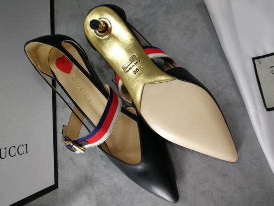 Gucci Point Toe Low Heel Pump with the Sylvie Web Strap and Gold Toned Square Buckle Black Leather 460114