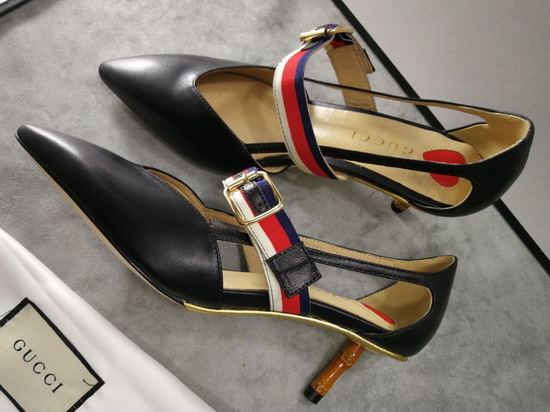 Gucci Point Toe Low Heel Pump with the Sylvie Web Strap and Gold Toned Square Buckle Black Leather 460114