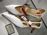 Gucci Point Toe Low Heel Pump with the Sylvie Web Strap and Gold Toned Square Buckle White Leather 460114