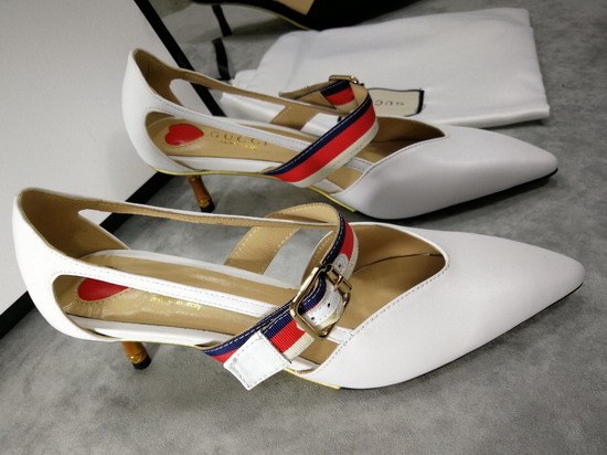 Gucci Point Toe Low Heel Pump with the Sylvie Web Strap and Gold Toned Square Buckle White Leather 460114