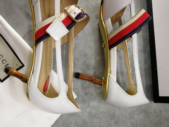 Gucci Point Toe Low Heel Pump with the Sylvie Web Strap and Gold Toned Square Buckle White Leather 460114