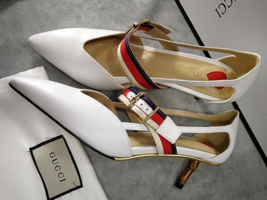 Gucci Point Toe Low Heel Pump with the Sylvie Web Strap and Gold Toned Square Buckle White Leather 460114