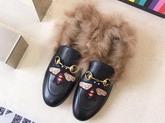 Gucci Princetown Leather Loafer with Embroidered Bee Applique and Lamb Wool Black