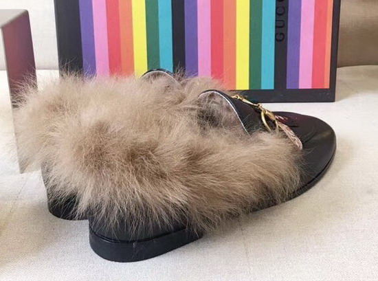 Gucci Princetown Leather Loafer with Embroidered Bee Applique and Lamb Wool Black