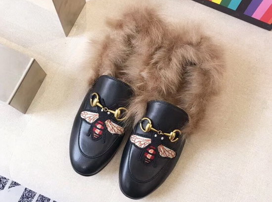 Gucci Princetown Leather Loafer with Embroidered Bee Applique and Lamb Wool Black