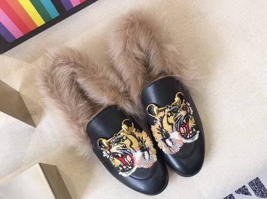 Gucci Princetown Leather Loafer with Embroidered Tiger Applique and Lamb Wool Black