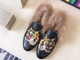 Gucci Princetown Leather Loafer with Embroidered Tiger Applique and Lamb Wool Black