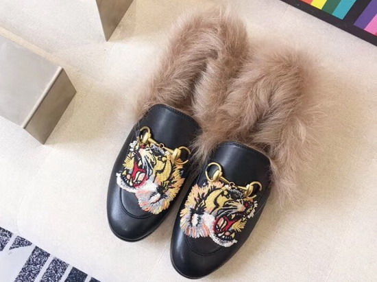 Gucci Princetown Leather Loafer with Embroidered Tiger Applique and Lamb Wool Black