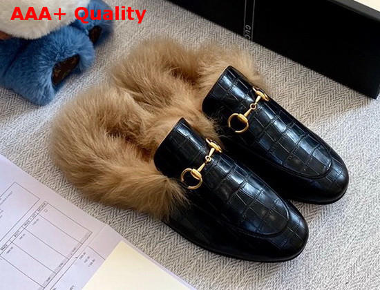 Gucci Princetown Leather Slipper in Black Crocodile Embossed Calfskin with Lamb Wool Lining Replica