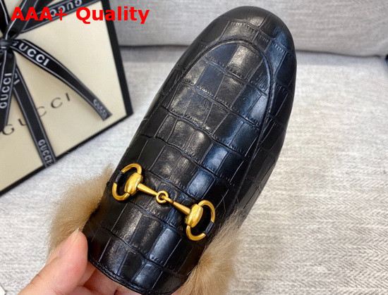 Gucci Princetown Leather Slipper in Black Crocodile Embossed Calfskin with Lamb Wool Lining Replica