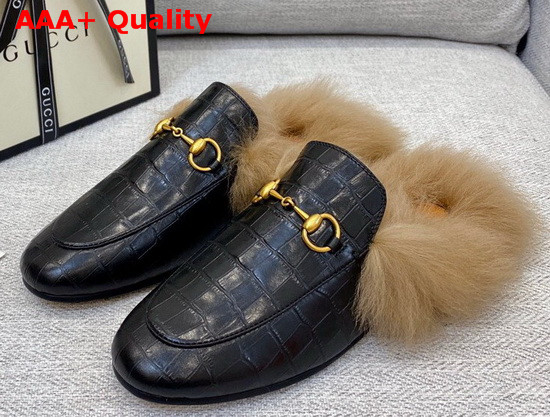 Gucci Princetown Leather Slipper in Black Crocodile Embossed Calfskin with Lamb Wool Lining Replica