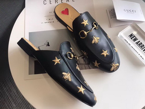 Gucci Princetown Leather Slipper in Black Leather with Embroidered Star and Bee