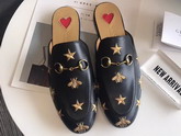 Gucci Princetown Leather Slipper in Black Leather with Embroidered Star and Bee