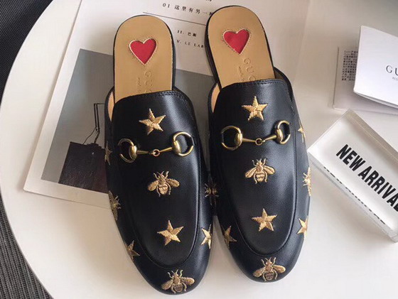 Gucci Princetown Leather Slipper in Black Leather with Embroidered Star and Bee