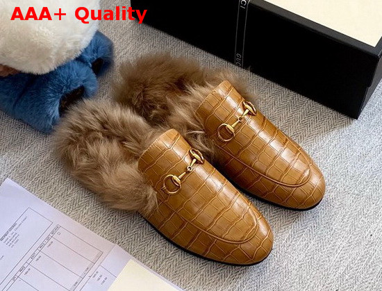 Gucci Princetown Leather Slipper in Brown Crocodile Embossed Calfskin with Lamb Wool Lining Replica