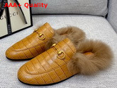 Gucci Princetown Leather Slipper in Brown Crocodile Embossed Calfskin with Lamb Wool Lining Replica