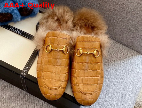 Gucci Princetown Leather Slipper in Brown Crocodile Embossed Calfskin with Lamb Wool Lining Replica