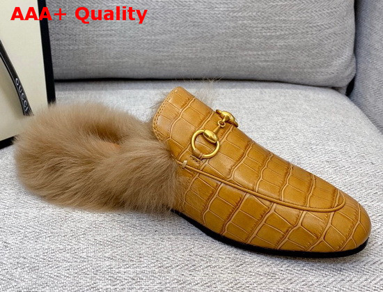 Gucci Princetown Leather Slipper in Brown Crocodile Embossed Calfskin with Lamb Wool Lining Replica