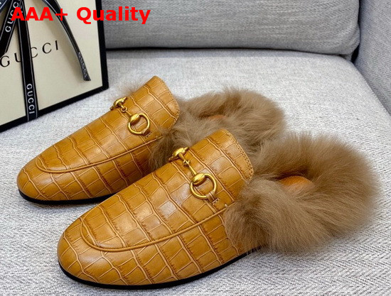 Gucci Princetown Leather Slipper in Brown Crocodile Embossed Calfskin with Lamb Wool Lining Replica