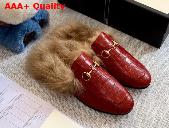 Gucci Princetown Leather Slipper in Red Crocodile Embossed Calfskin with Lamb Wool Lining Replica