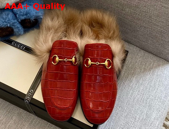 Gucci Princetown Leather Slipper in Red Crocodile Embossed Calfskin with Lamb Wool Lining Replica