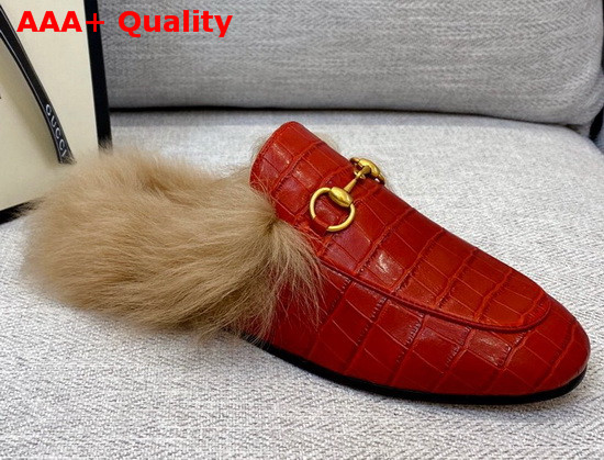 Gucci Princetown Leather Slipper in Red Crocodile Embossed Calfskin with Lamb Wool Lining Replica