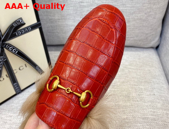 Gucci Princetown Leather Slipper in Red Crocodile Embossed Calfskin with Lamb Wool Lining Replica