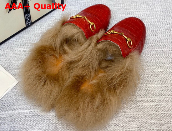 Gucci Princetown Leather Slipper in Red Crocodile Embossed Calfskin with Lamb Wool Lining Replica