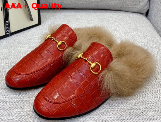 Gucci Princetown Leather Slipper in Red Crocodile Embossed Calfskin with Lamb Wool Lining Replica