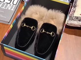 Gucci Princetown Velvet Slipper in Black with Lamb Fur