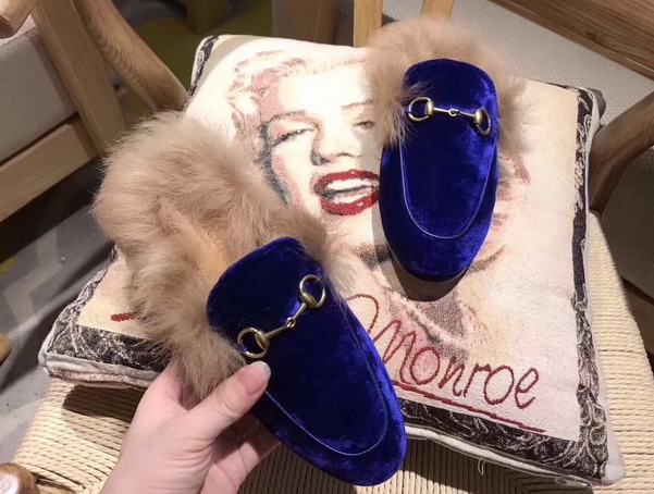 Gucci Princetown Velvet Slipper in Cobalt Blue Trimmed with Lamb Fur