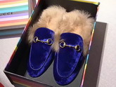 Gucci Princetown Velvet Slipper in Cobalt Blue Trimmed with Lamb Fur