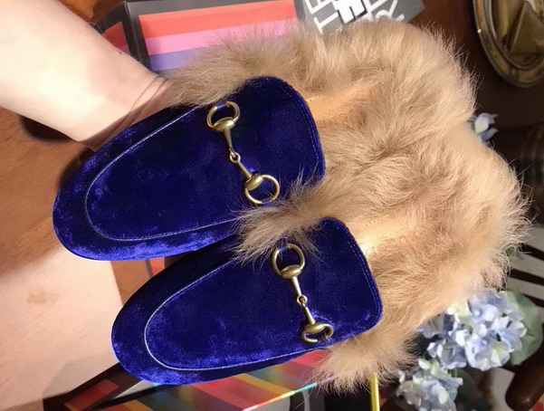 Gucci Princetown Velvet Slipper in Cobalt Blue Trimmed with Lamb Fur