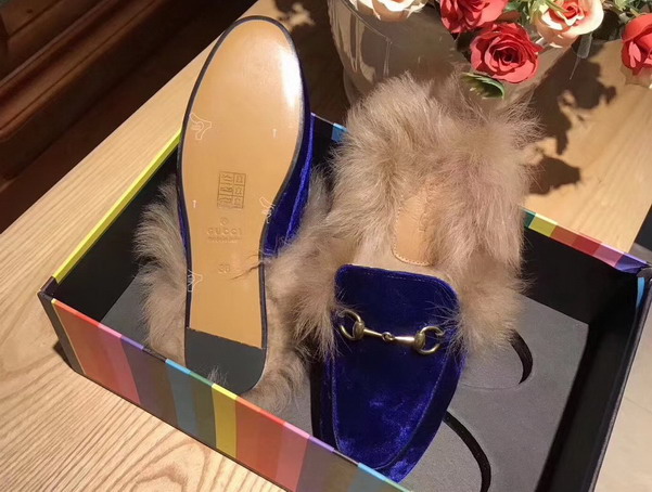 Gucci Princetown Velvet Slipper in Cobalt Blue Trimmed with Lamb Fur