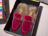 Gucci Princetown Velvet Slipper in Fuchsia Trimmed with Lamb Fur