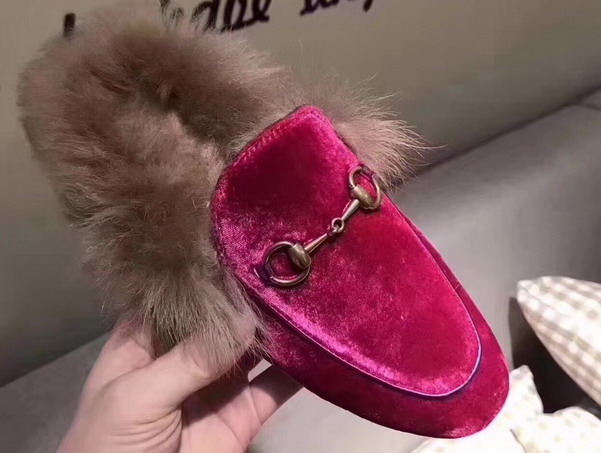 Gucci Princetown Velvet Slipper in Fuchsia Trimmed with Lamb Fur